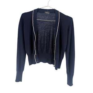CHANEL Navy Cashmere Cardigan Sweater CC Buttons Contrast Piping XS S